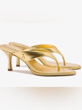 Larroude Gaia Gold Metallic Leather Thong Heel Sandals